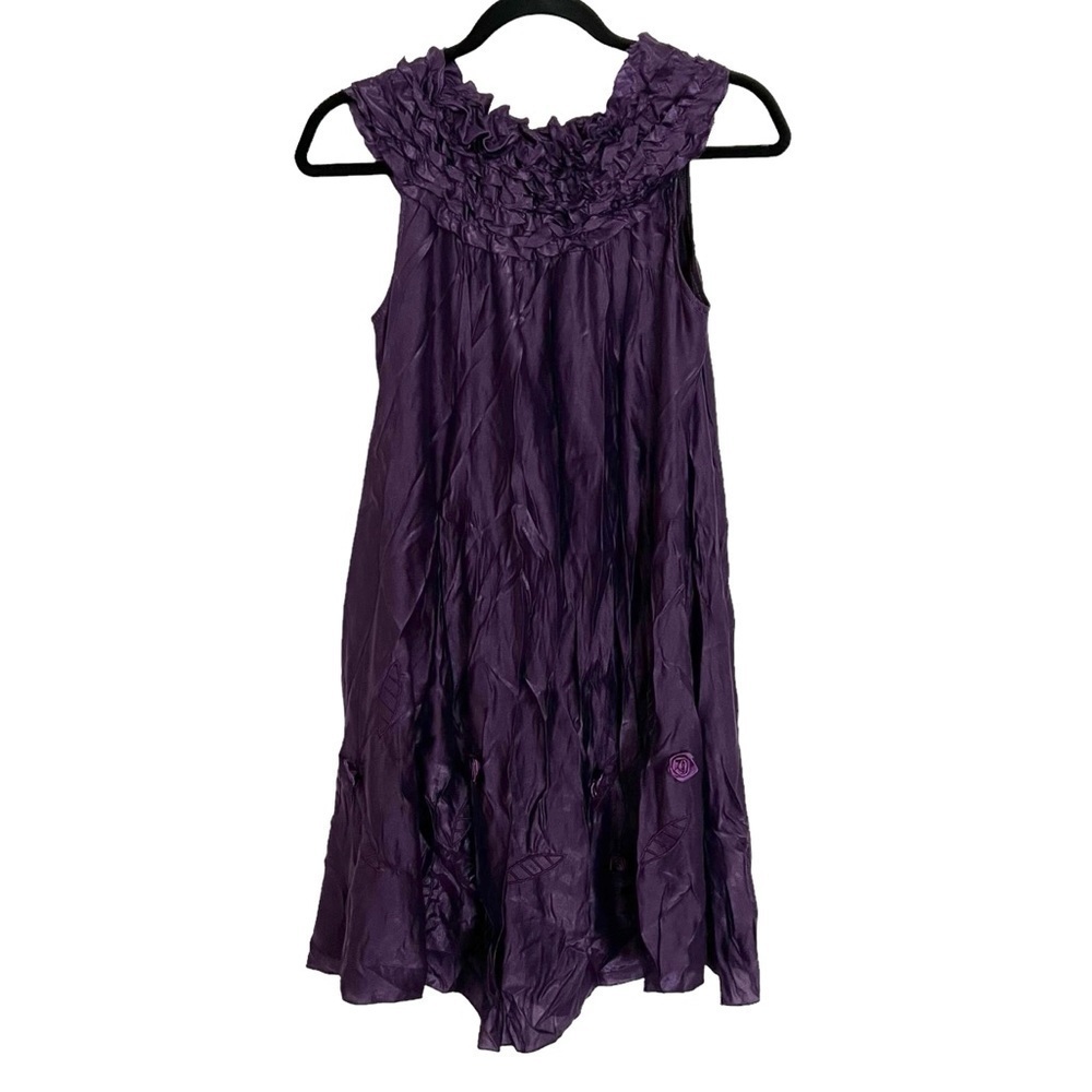 Purple Floral Sleeveless Trapeze Style Smocked Mini Dress Approx XS